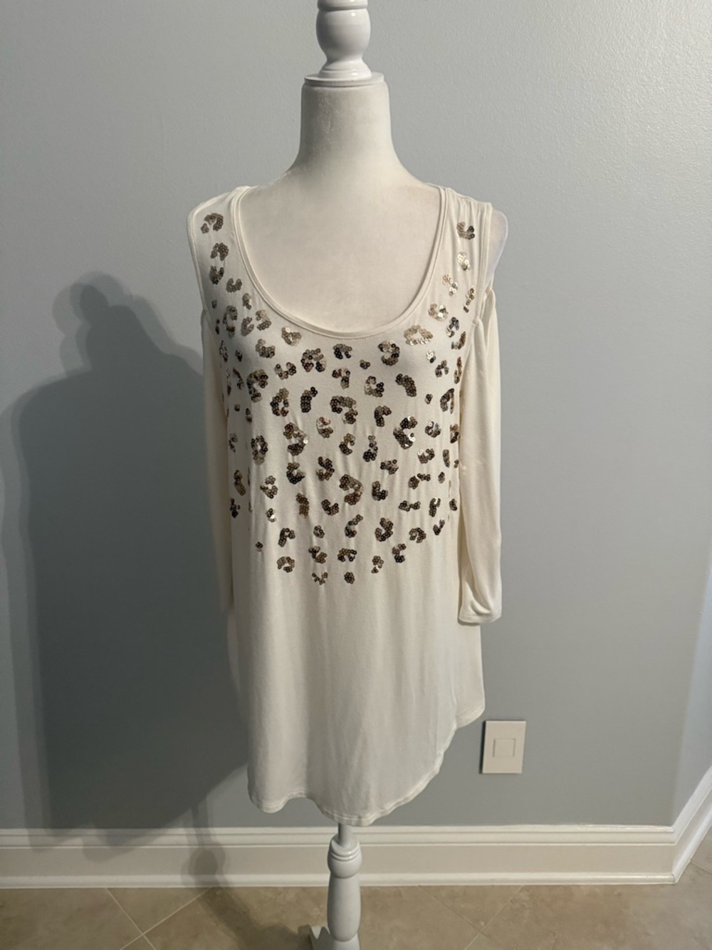 JM Collection Cream Sequin Leopard Scoop Neck Tunic